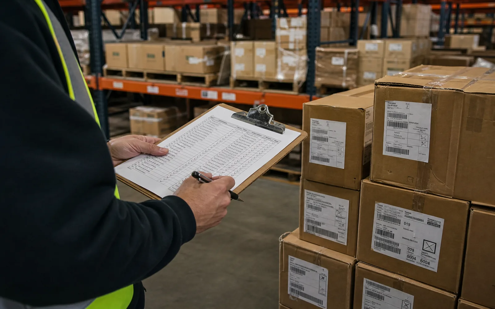Warehouse worker checking labeled inventory against a printed audit checklist
