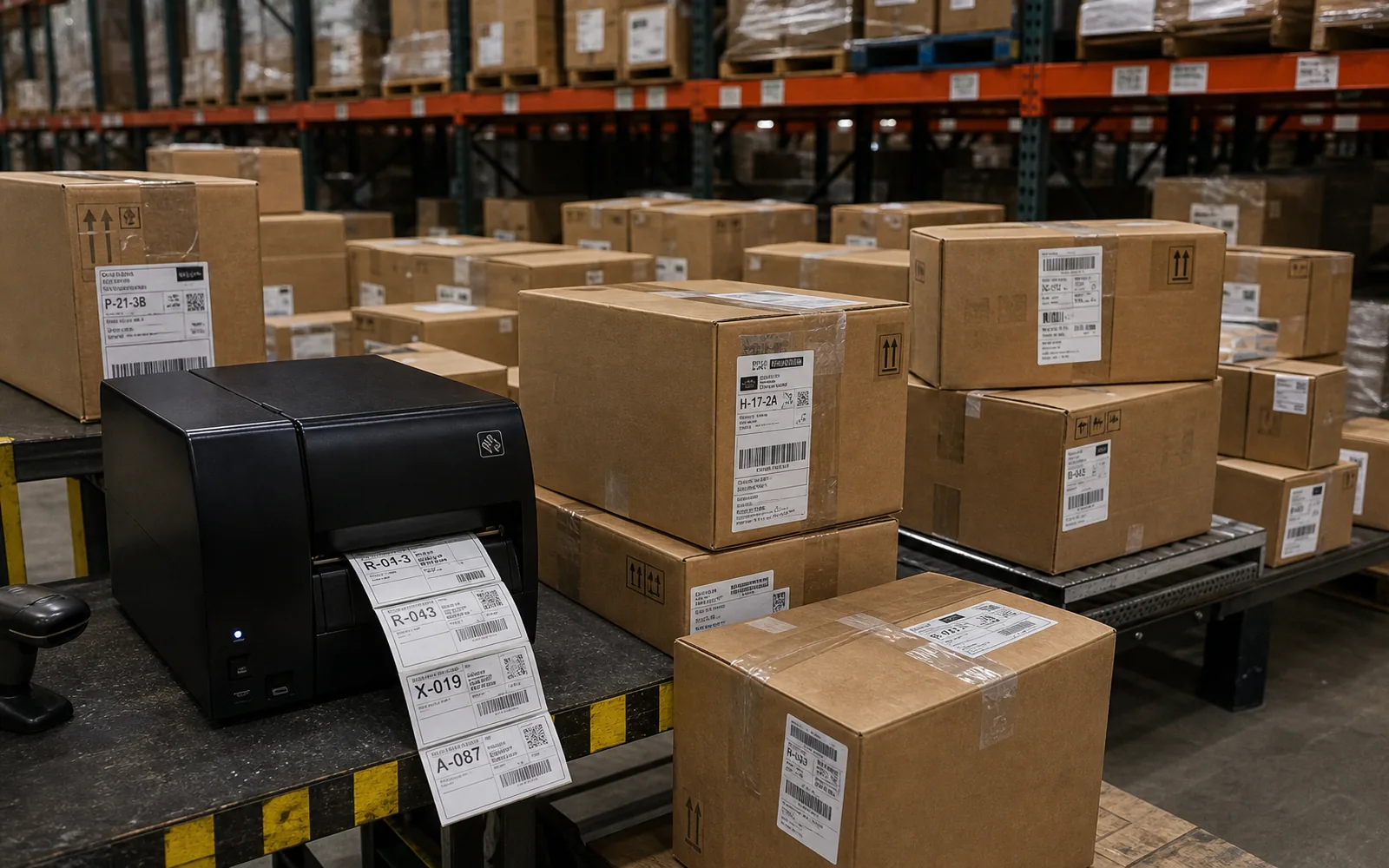 High-volume ecommerce preparation station with labeled cartons and a thermal printer