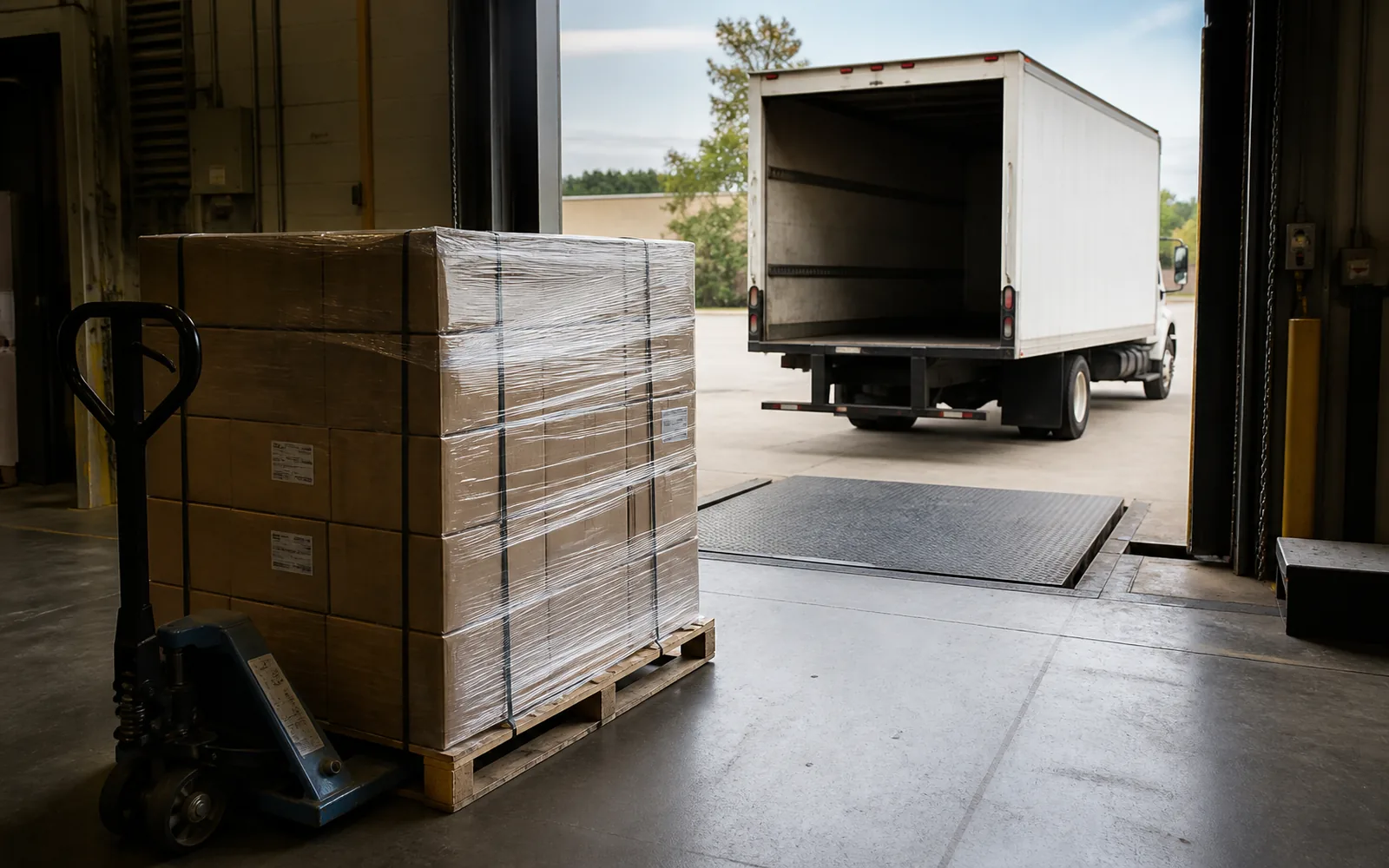 Wrapped inventory pallet prepared for outbound warehouse dispatch