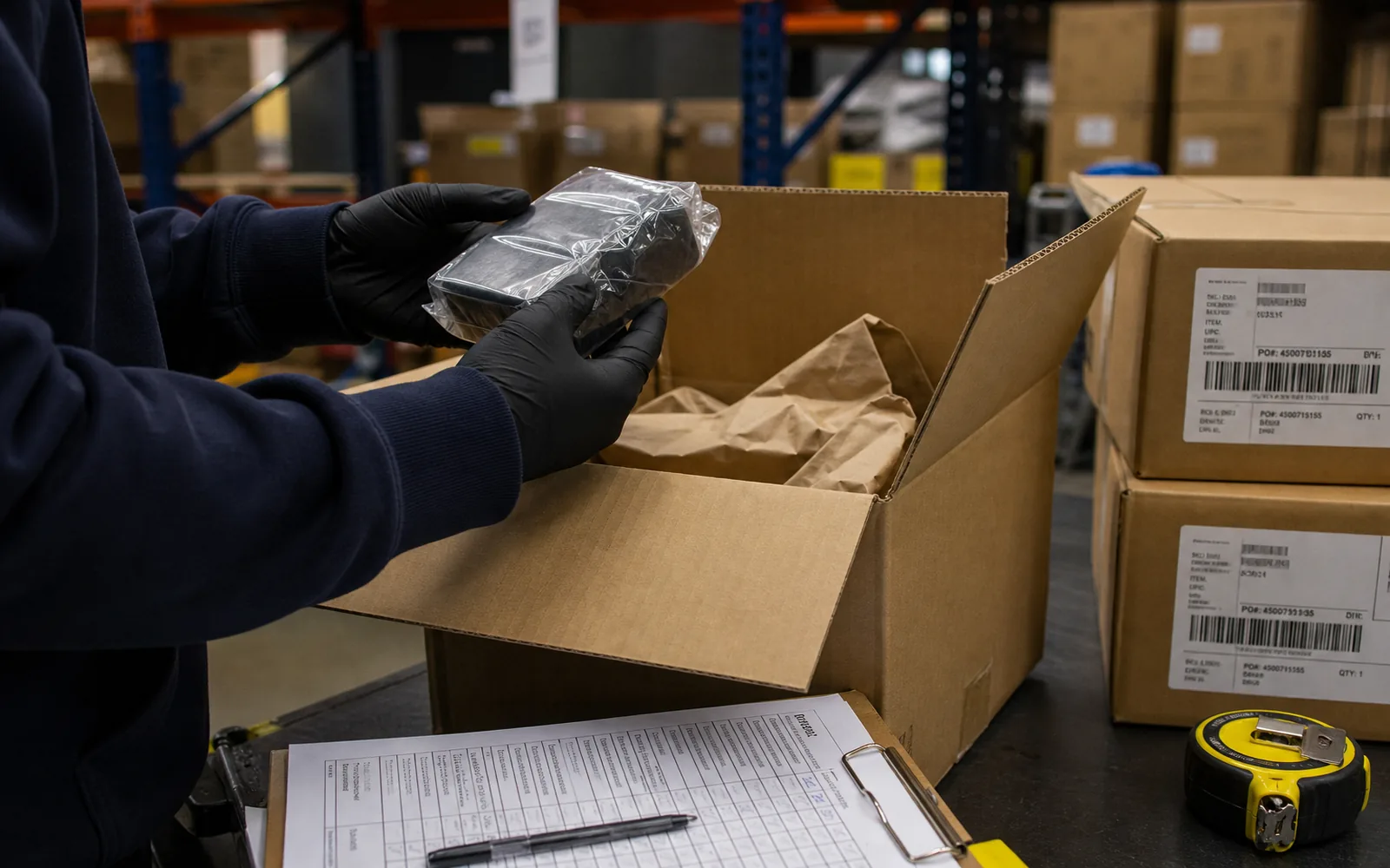 Warehouse worker inspecting a parcel by hand