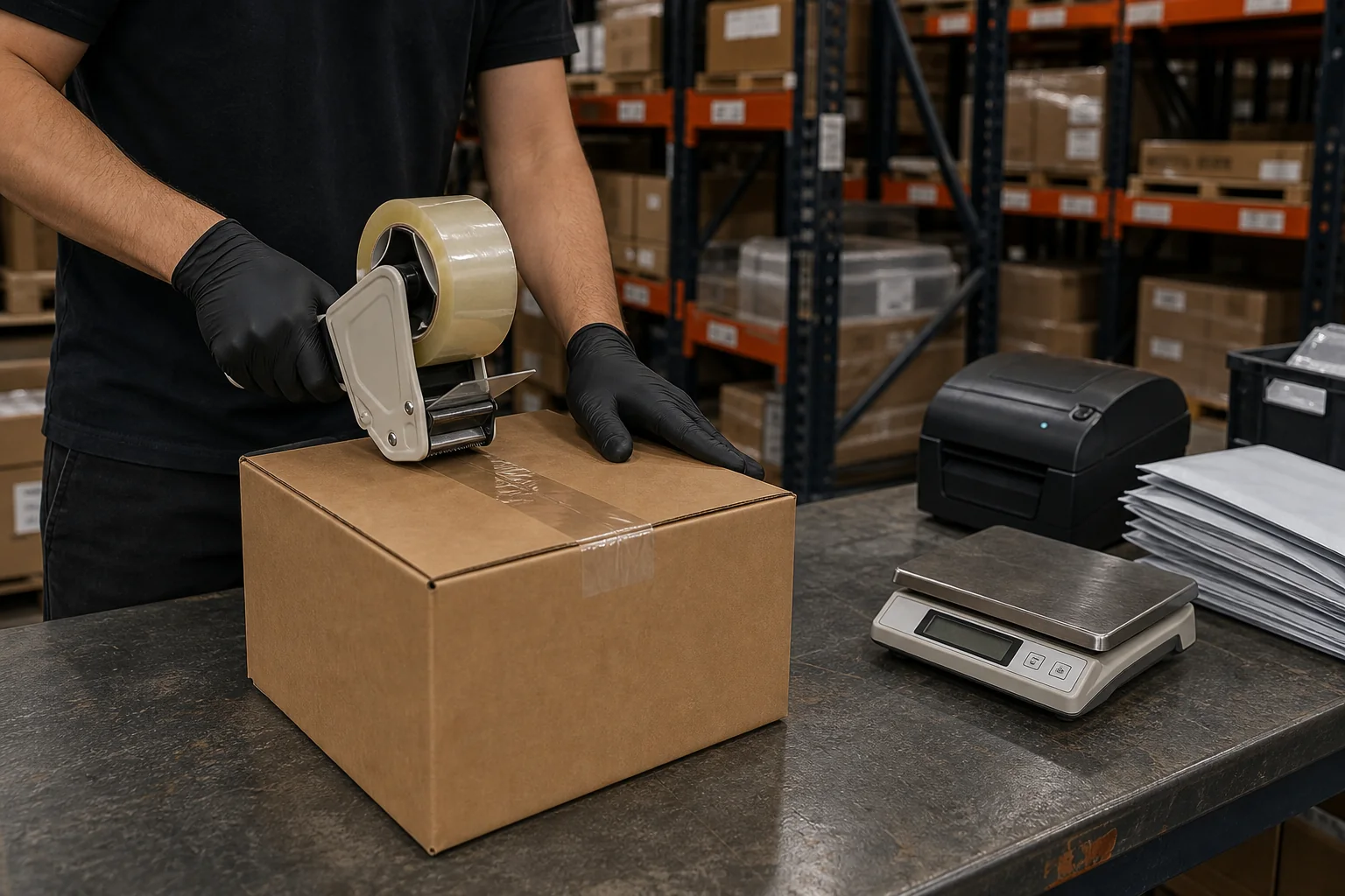 Warehouse worker sealing a prepared ecommerce carton at a packing station