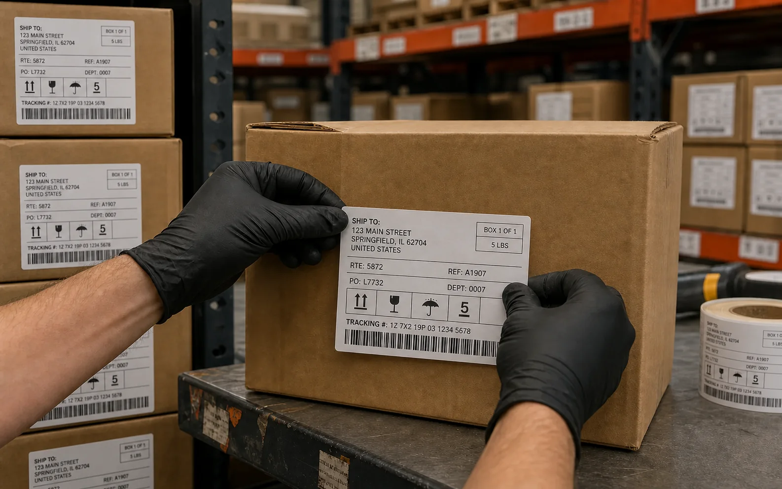 Warehouse worker applying a carrier-neutral delivery label to a prepared carton